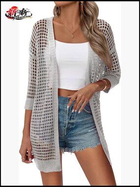Crochet Lightweight Cardigan Short Sleeve Boho Kimono Oversized Open Front